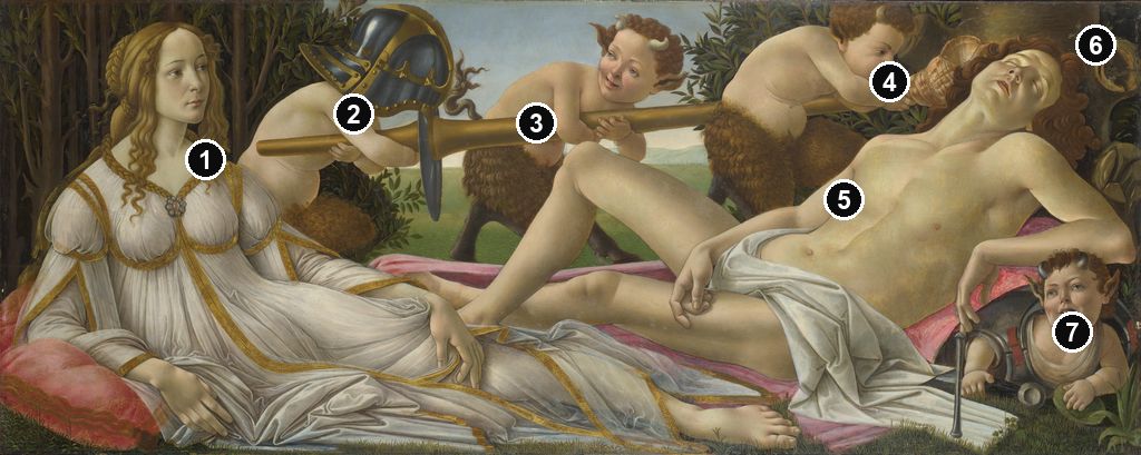 Annotated details from Venus and Mars by Sandro Botticelli